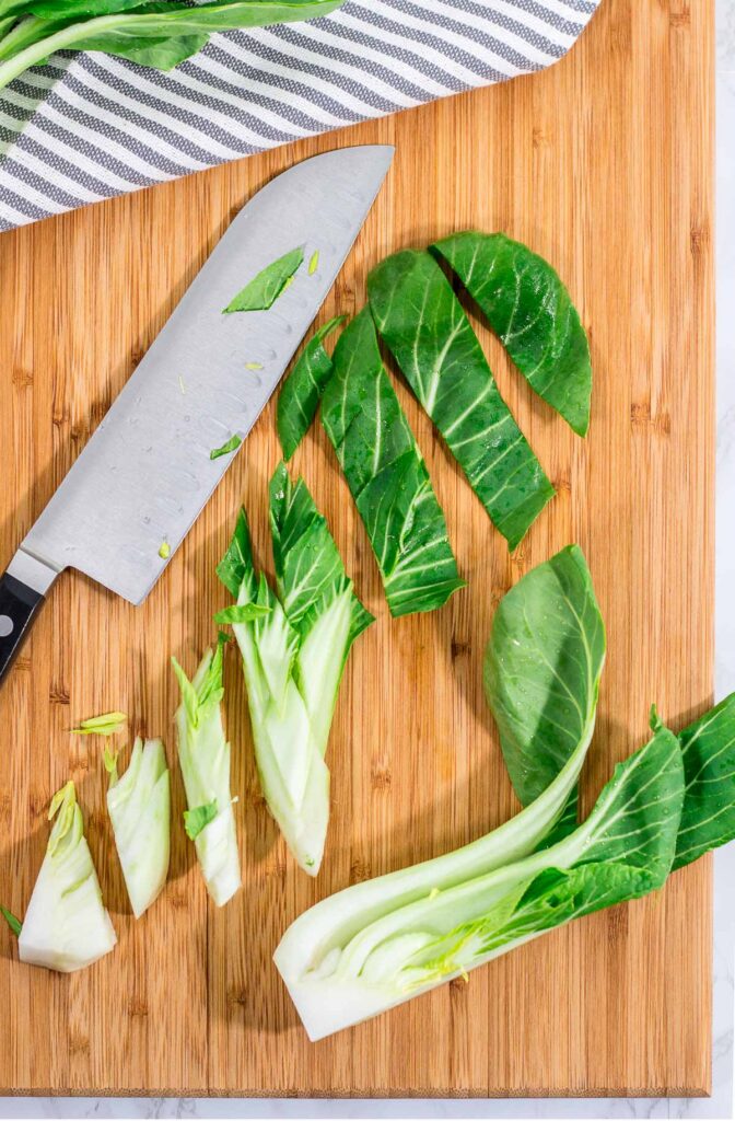 Bok choy cut into bite size pieces for the stir fry - a quarter of bok choy cut in length wise first and cut into small pieces