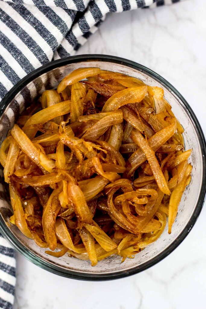 quick caramelized onion, finished caramelized onion in a clear bowl