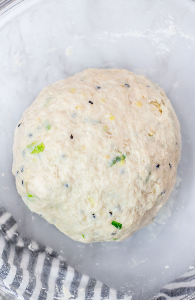 garlic green onion focaccia dough in a bowl, after kneading