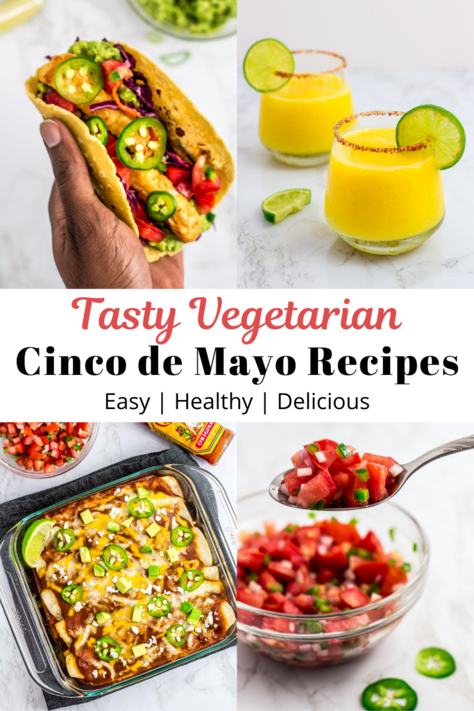 four collage of vegetarian food for cinco de mayo