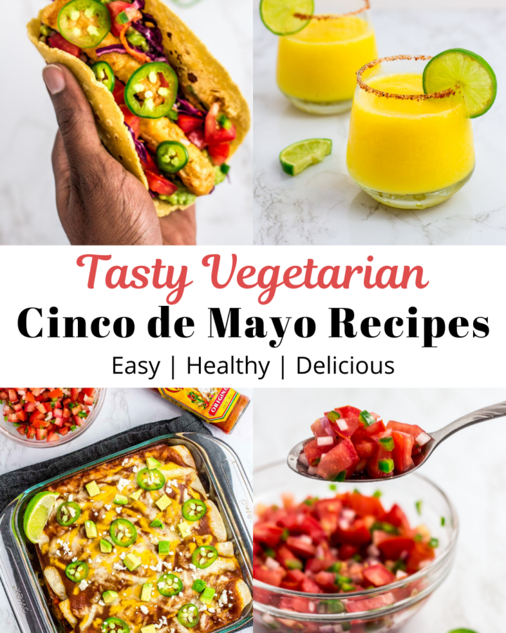four collage of vegetarian food for cinco de mayo