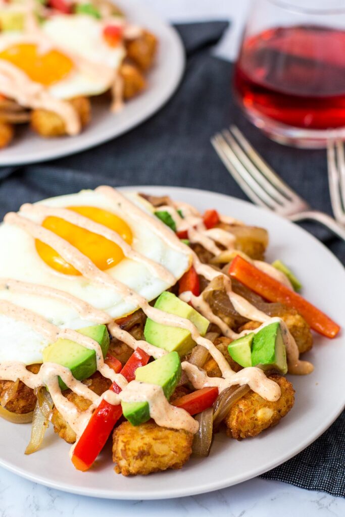 close up shot of tater tot breakfast hash