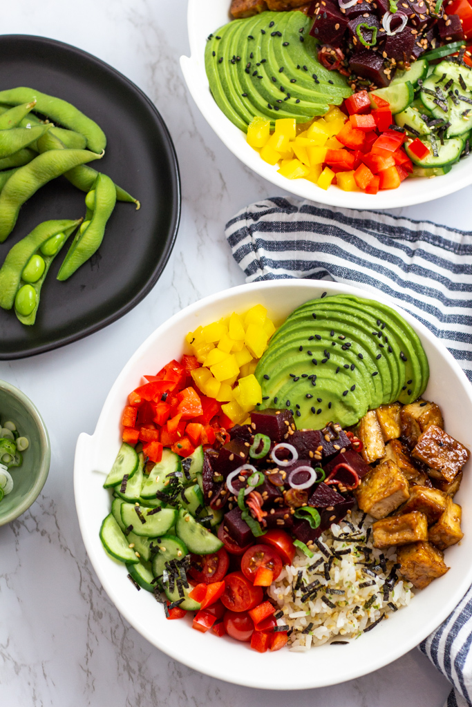 over head shot of two vegan beet poke bowl