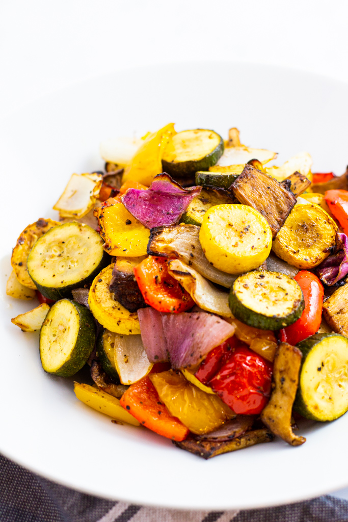 air fried "grilled" vegetable in a large white bowl