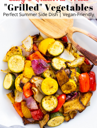 overhead shot of air fried "grilled" summer vegetables (zucchini, summer squash, pepper, onion, and mushroom)