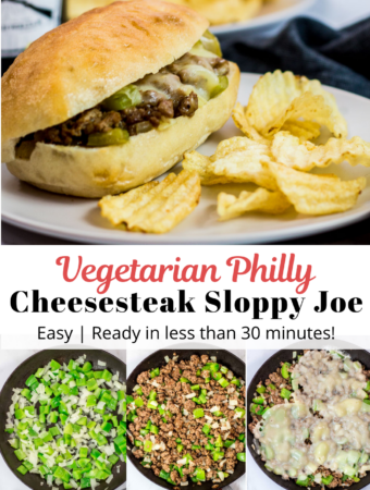 Vegetarian version of Philly cheesesteak sloppy joe sandwich with potato chip on a plate. Process shots of making the dish on the bottom