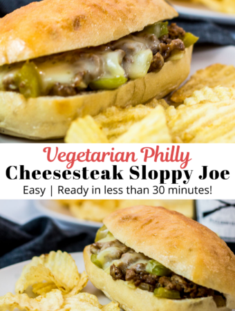 two vegetarian version of philly cheesesteak sloppy joe sandwich on top and bottom of the photo