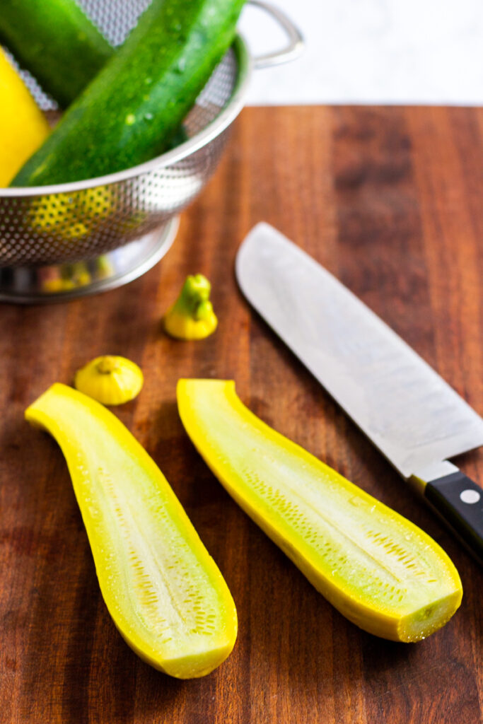 yellow squash cut in half, lengthwise.