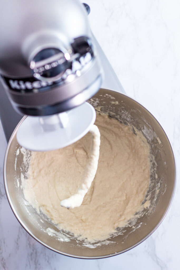 wet dough in the stand mixer bowl.