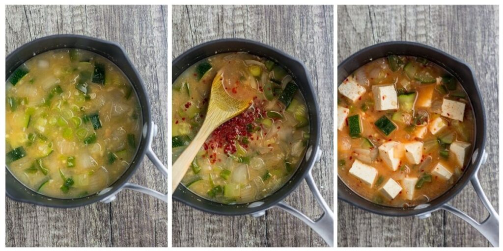 three photos of making the stew - soup base, with gochugaru, and with tofu.