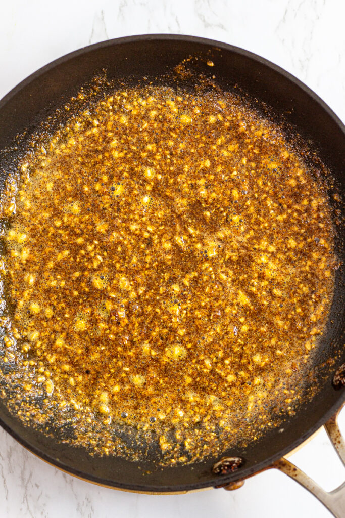 seafood garlic butter in the pan.