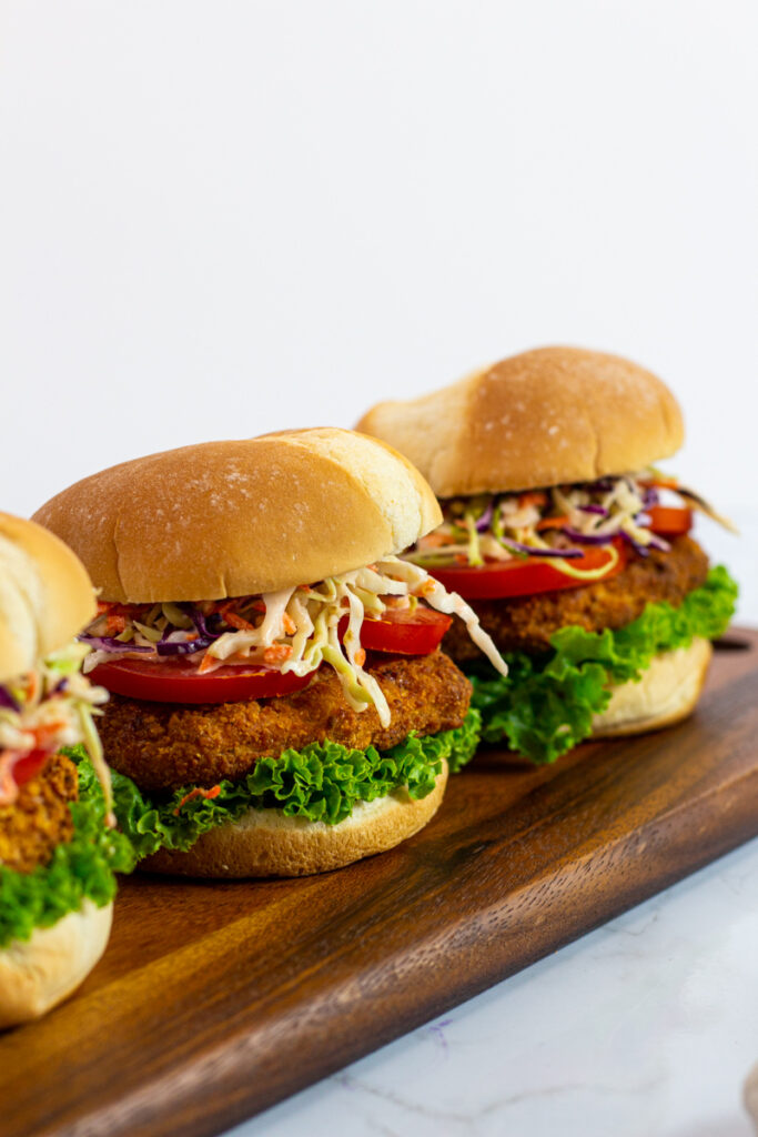 vegan chicken sandwiches with pepper jelly coleslaw