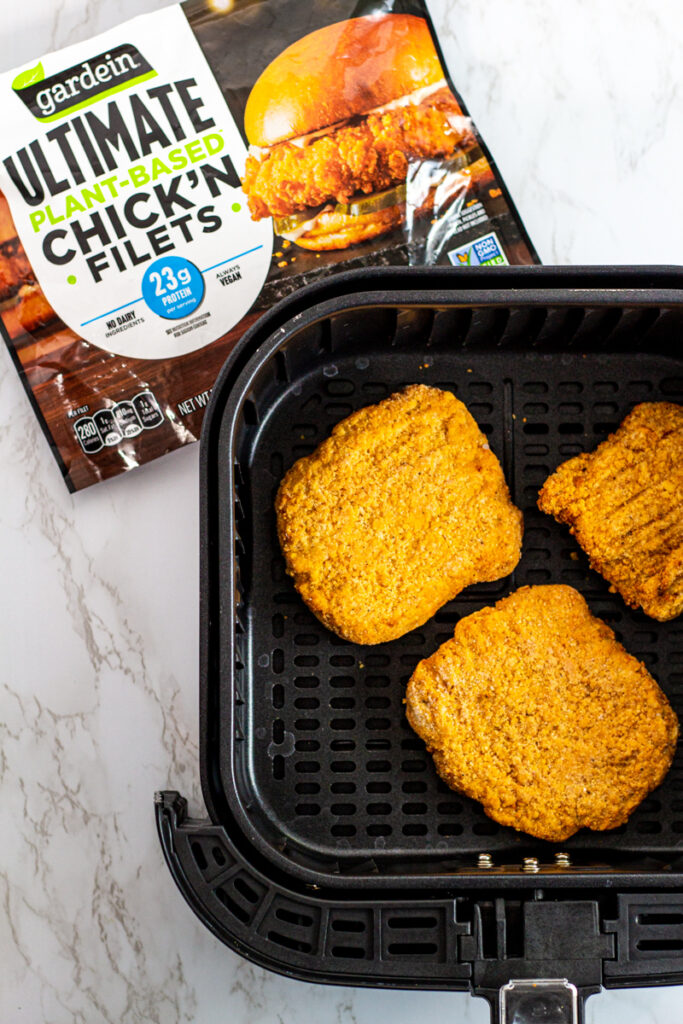 Gardein ultimate plant-based chick'n filets in an air fryer.