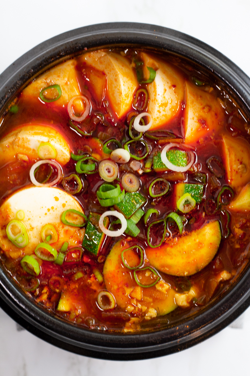 overhead shot of finished vegan soondubu jjigae.