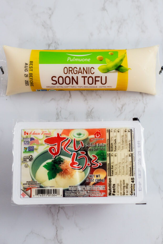 Korean soft silken tofu on top and Japanese silken tofu on the bottom.