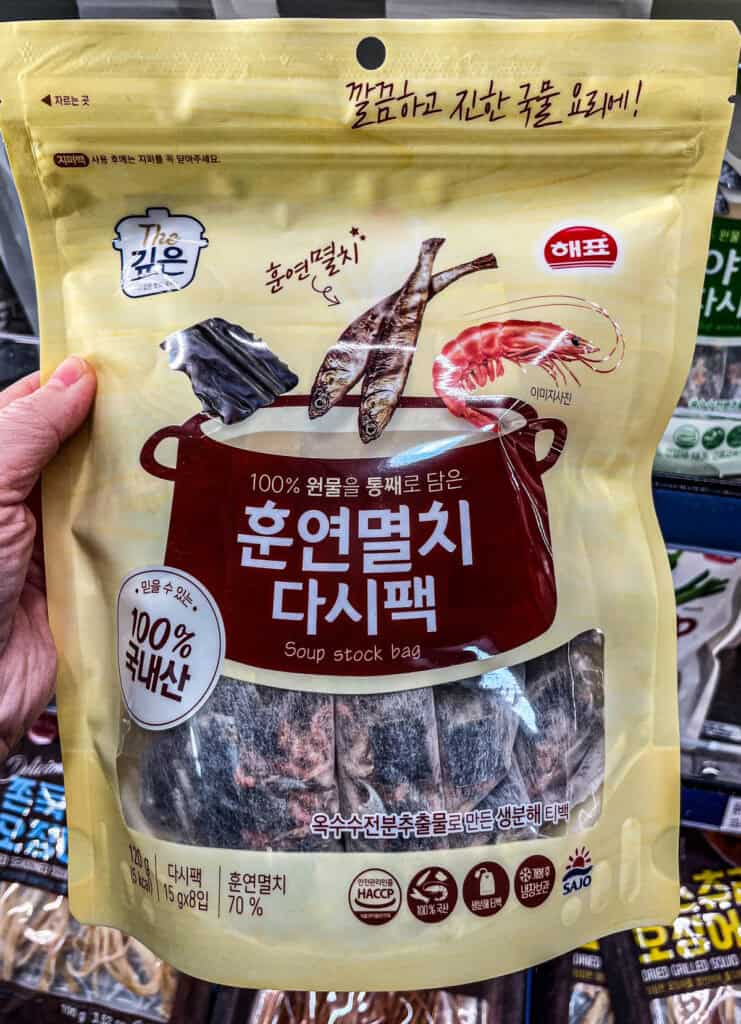 Korean smoked anchovy, kelp, and shrimp soup stock pouch from Haepyo brand