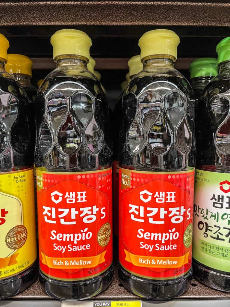 Sempio Jin Ganjang soy sauce bottles with red labels – rich and mellow Korean soy sauce