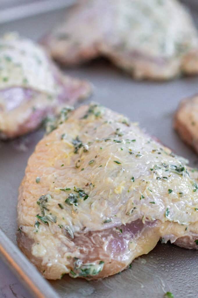 Raw chicken thighs on a sheet pan rubbed with fresh herb butter, ready to roast for a Thanksgiving chicken dinner.