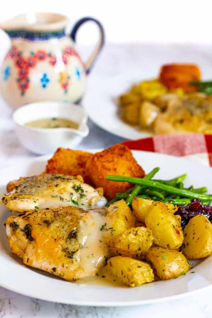 Thanksgiving chicken thighs with gravy, crispy roasted potatoes, green beans, cranberry sauce, and mac and cheese bites on a holiday plate.