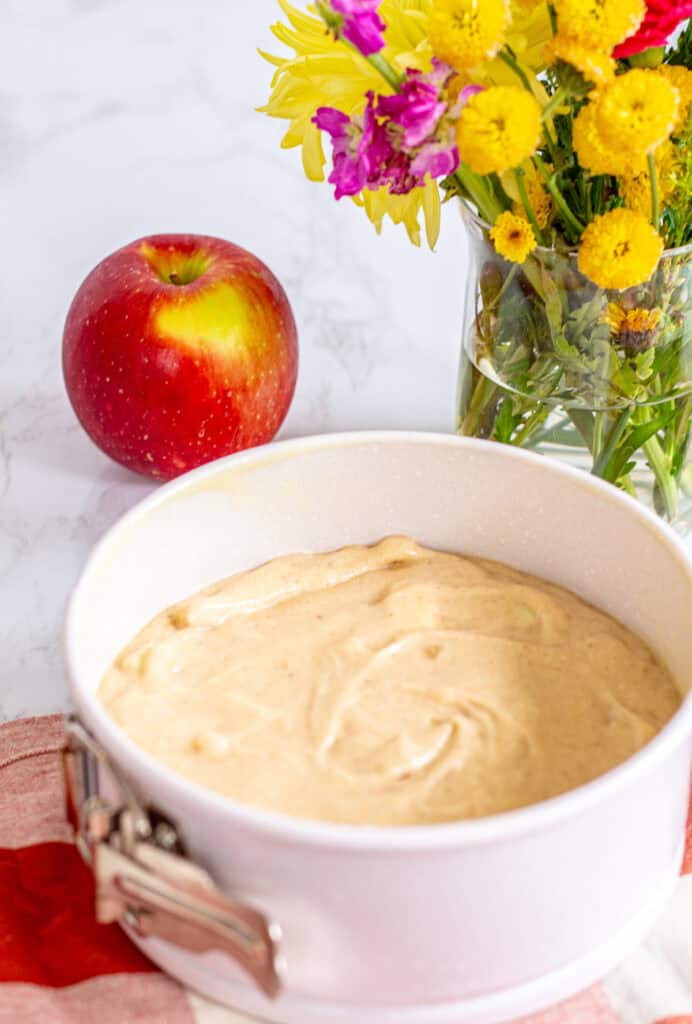 Mini spiced apple cake batter poured into a 6-inch springform pan, ready for baking