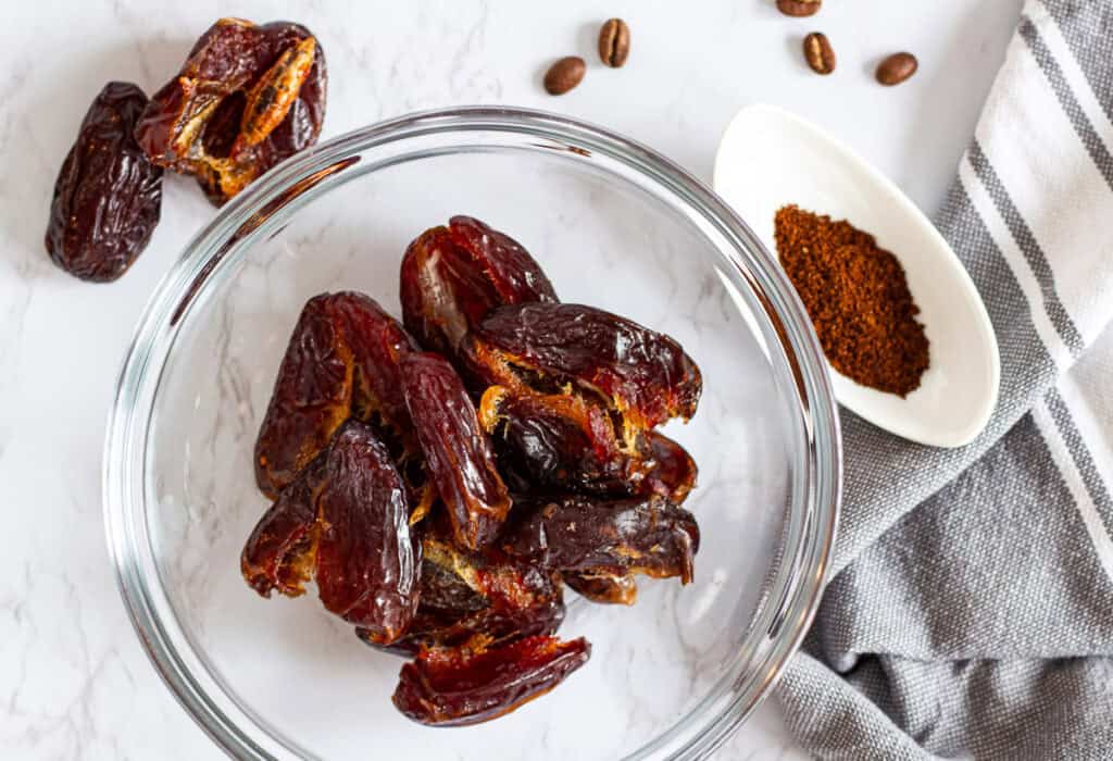 Fresh Medjool dates and espresso powder for sticky toffee pudding recipe