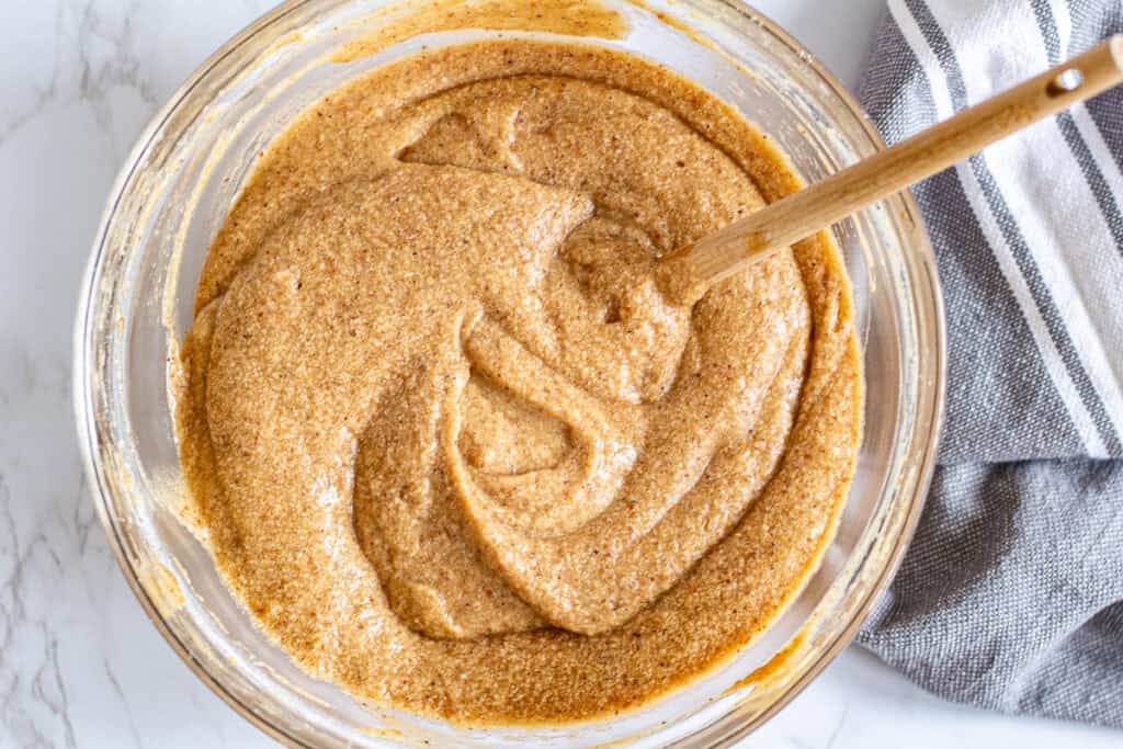 Smooth brown batter ready to bake sticky toffee pudding recipe