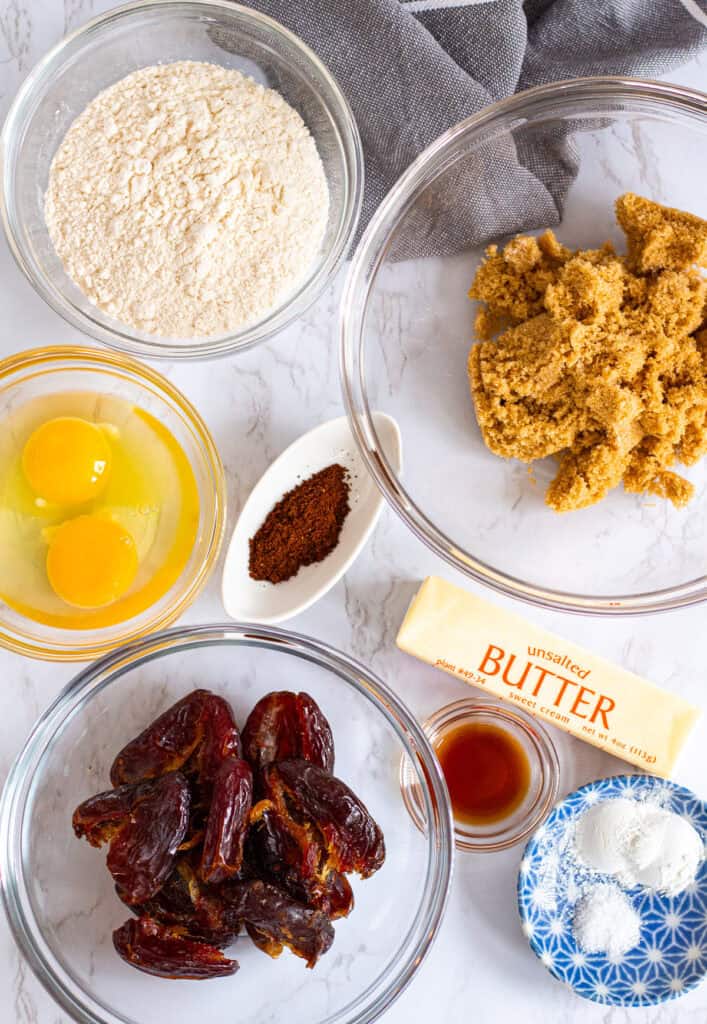 Sticky toffee pudding recipe ingredients including Medjool dates, flour, brown sugar, butter, and espresso powder