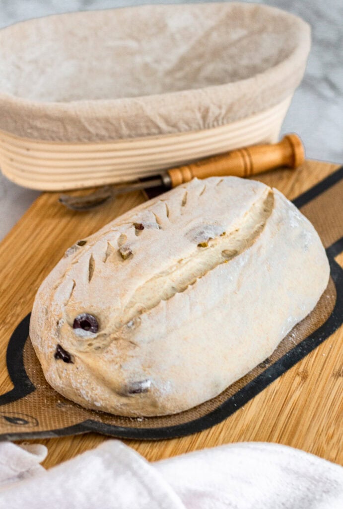 Lightly floured olive sourdough loaf with scoring marks, ready to go into the oven