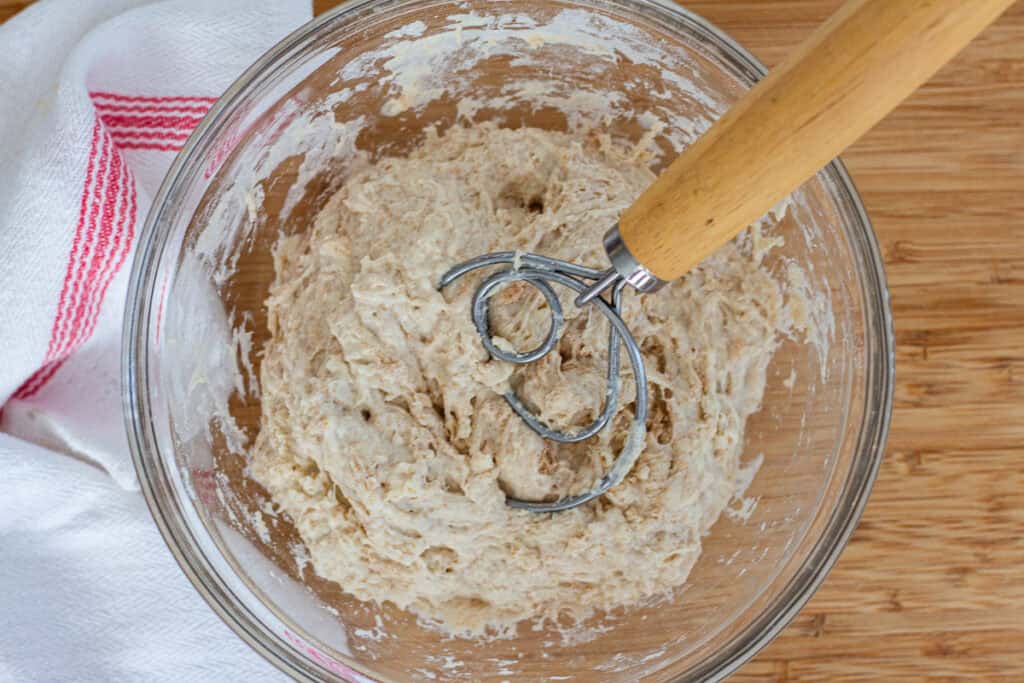 Shaggy sourdough olive bread dough after the first mix