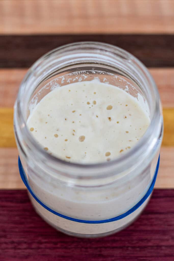 A close-up of bubbly sourdough starter in a glass jar, ready to use for baking olive bread.