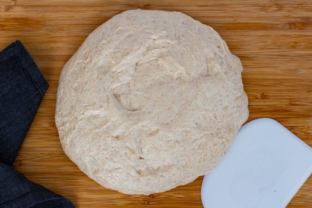 Bulk-fermented dough turned out onto the board and ready to begin preshaping.