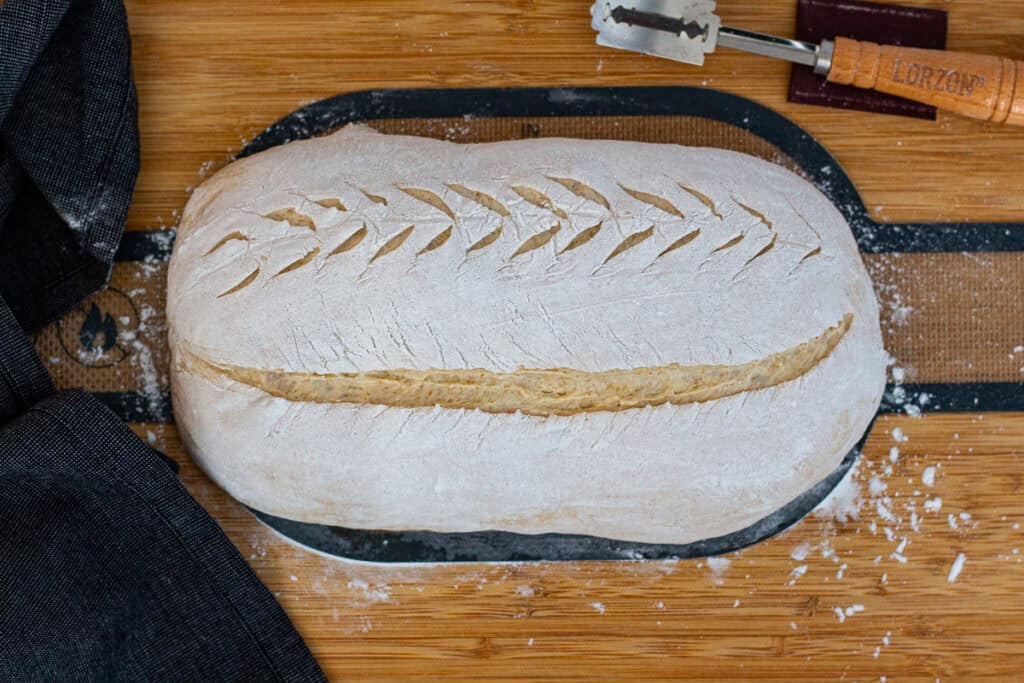Sourdough discard bread dough with a decorative leaf pattern and center score, ready to go into the oven.