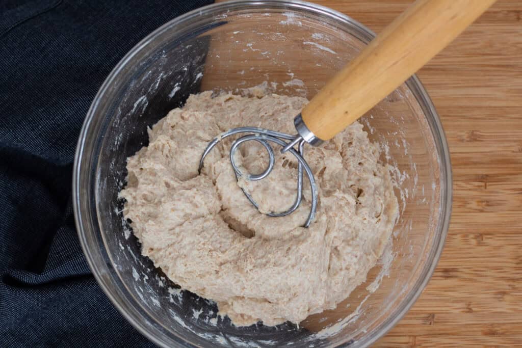 Rough, shaggy dough after combining flour, water, yeast, salt, and sourdough discard.