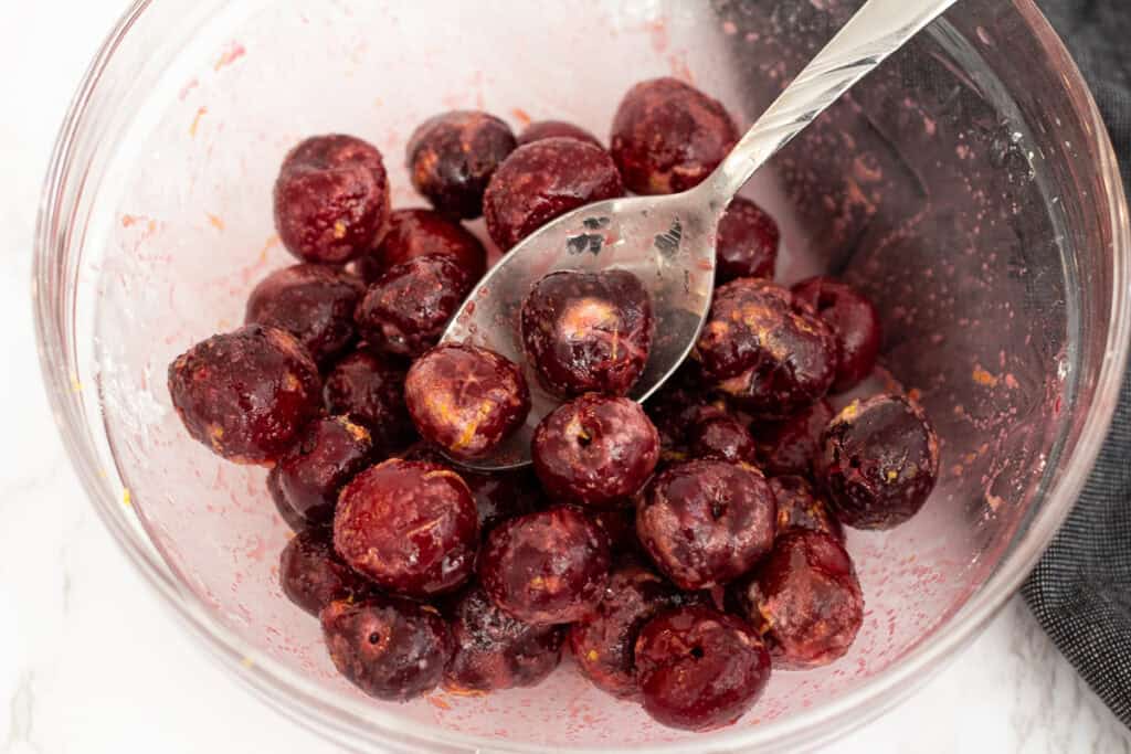 Frozen sweet cherries tossed with sugar, cornstarch, amaretto, and lemon zest for cherry crisp