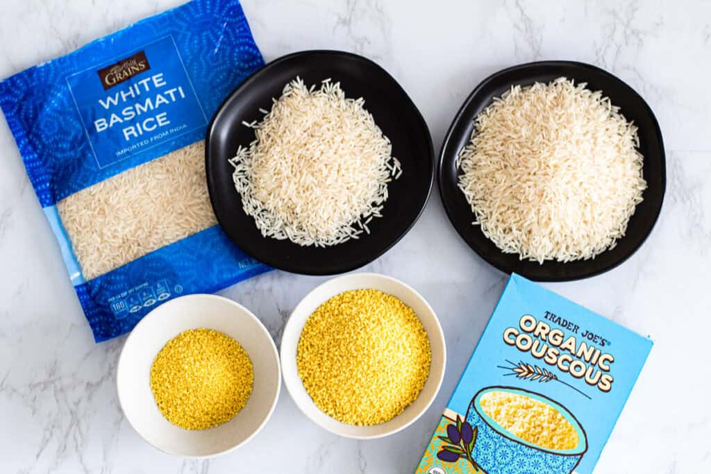Bowls showing rice and couscous portion sizes for one person compared to portions for two people for easy meal planning