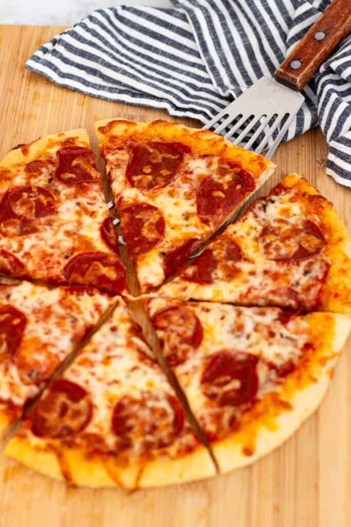 Pepperoni pizza made with sourdough discard pizza dough