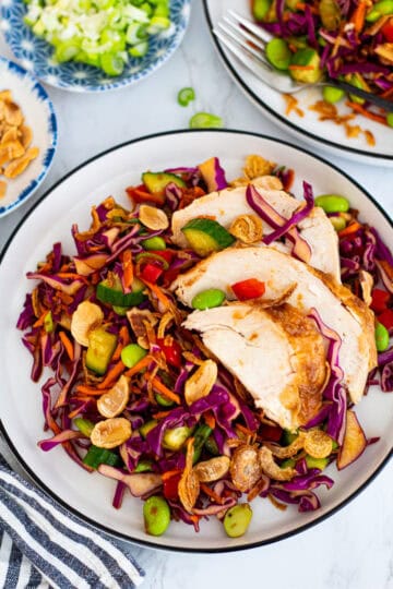 Cabbage carrot salad topped with sliced chicken, edamame, and fresh vegetables