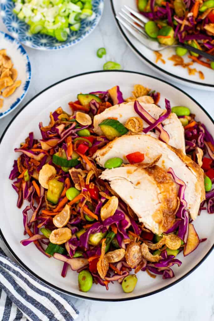 Cabbage carrot salad topped with sliced chicken, edamame, and fresh vegetables