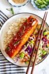gochujang salmon served with rice and cabbage salad for an easy dinner for two