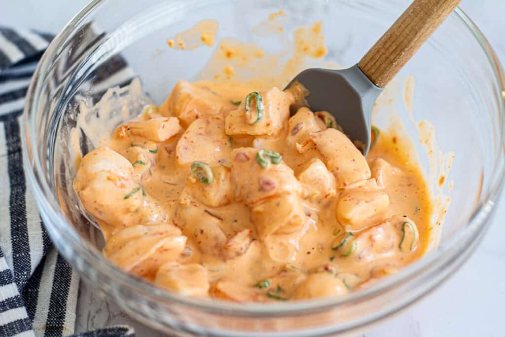 shrimp tossed in creamy spicy mayo sauce for poke bowl