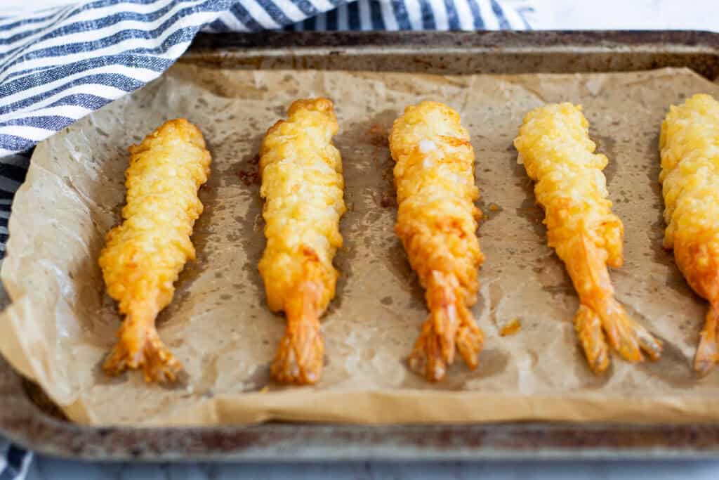 crispy tempura shrimp baked on tray for shrimp poke bowl
