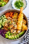 shrimp poke bowl with spicy mayo shrimp and crispy tempura shrimp