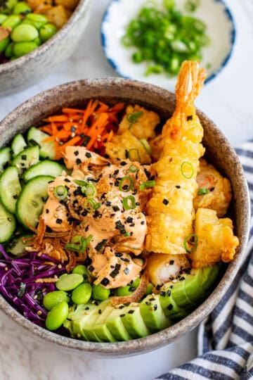 shrimp poke bowl with spicy mayo shrimp and crispy tempura shrimp
