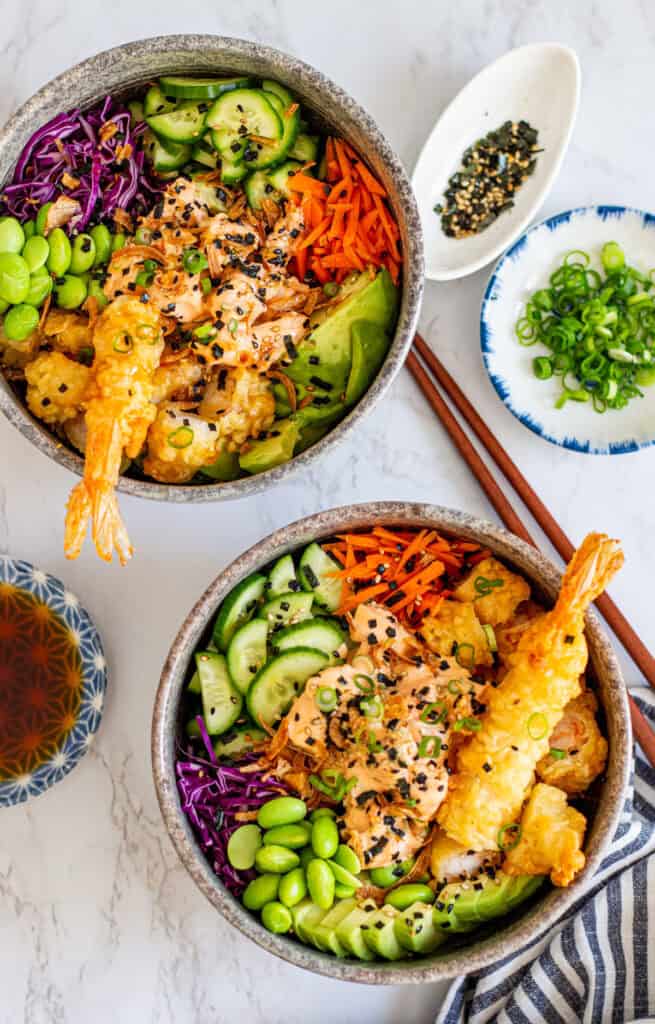 shrimp poke bowl topped with tempura shrimp, spicy mayo shrimp, and vegetables