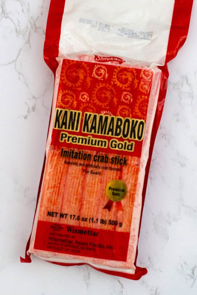 Package of Japanese-style imitation crab sticks used to make a California Roll Bowl.