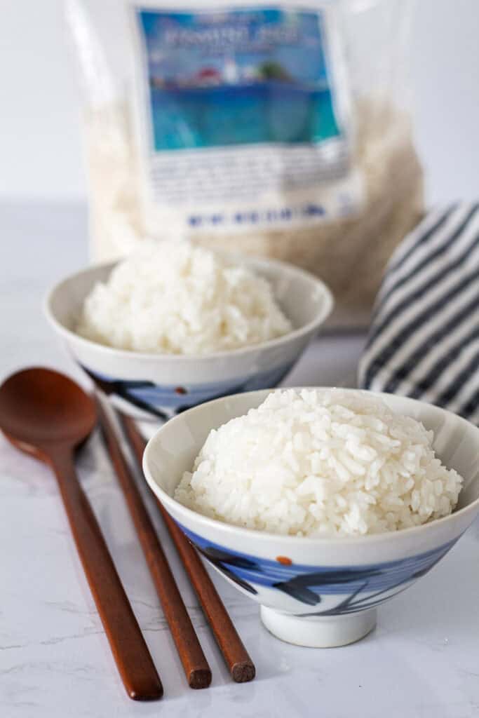 Bowl of fluffy jasmine rice served as an easy side dish for two