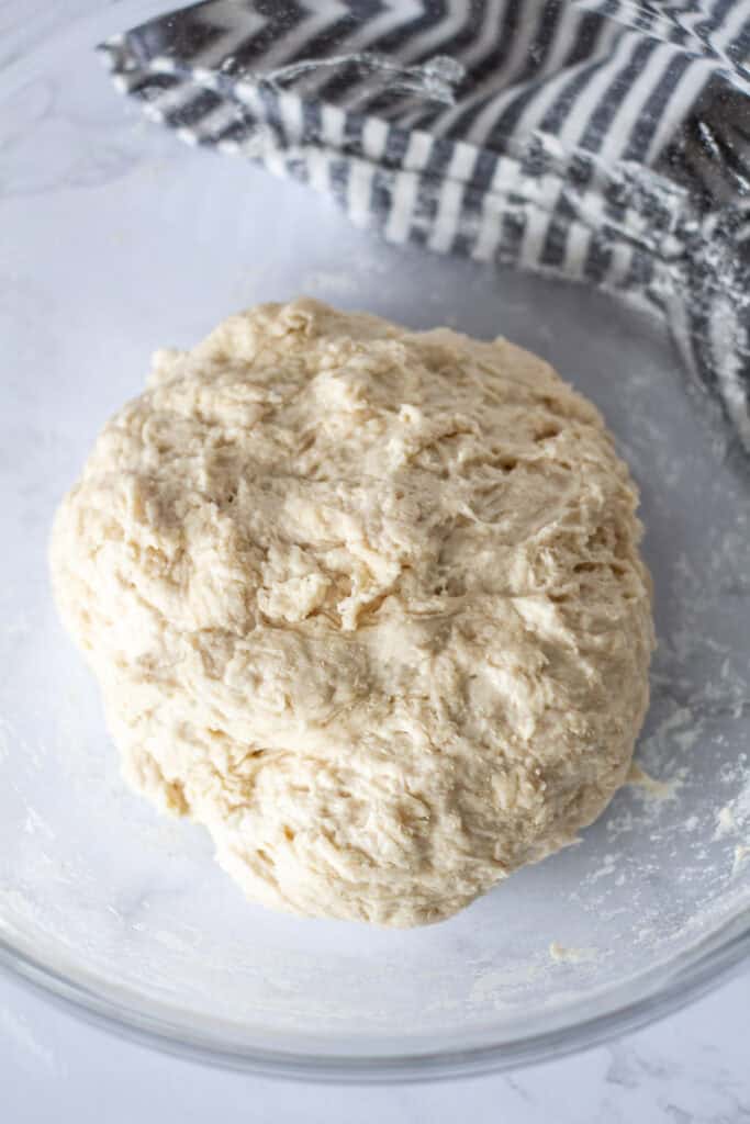 Shaggy small batch pizza dough after mixing the ingredients