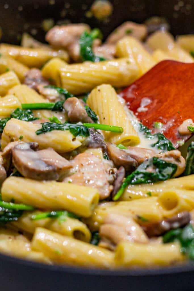 Close-up of creamy rigatoni with chicken, mushrooms, and spinach