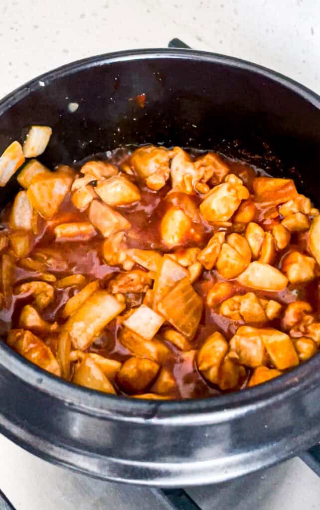 Chicken and onion coated with gochujang, soy sauce, and oyster sauce