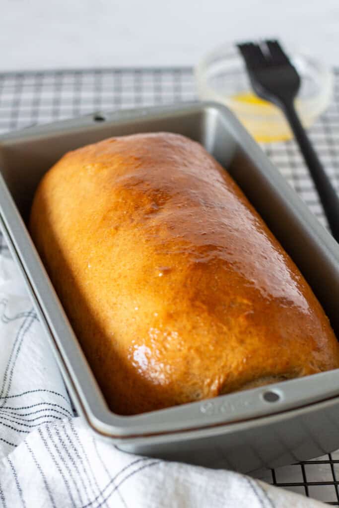 Freshly baked honey wheat sandwich bread brushed with melted butter in a loaf pan